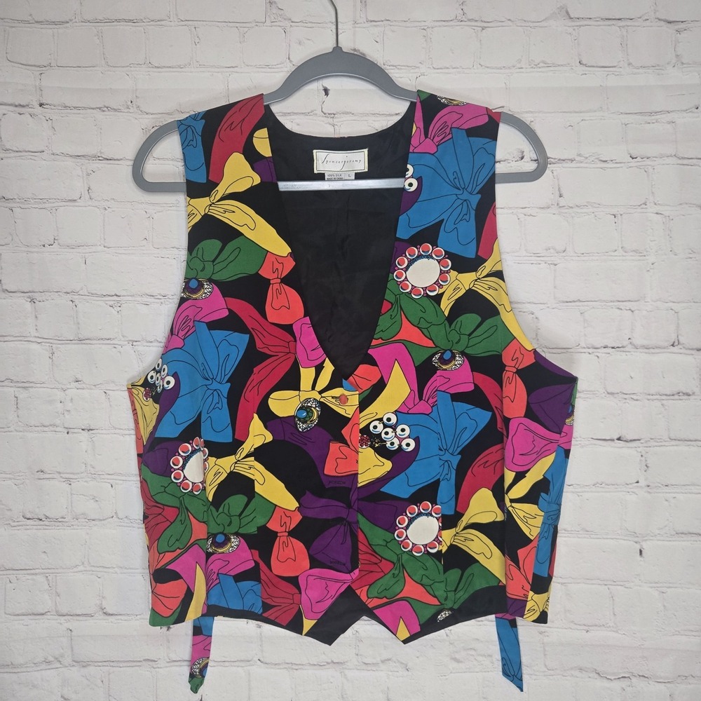 Vintage 80s 90s Spencer Jeremy Vest Colorful Abstract Bows Silk Maximalist